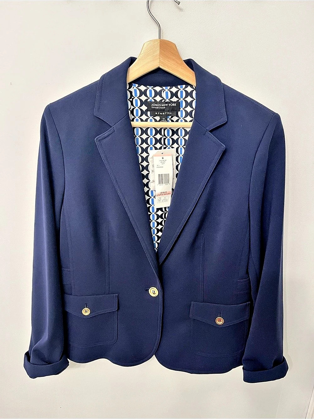 NWT Jones New York Collection Stretch Blazer Geometric Blazer in Blue & White Si